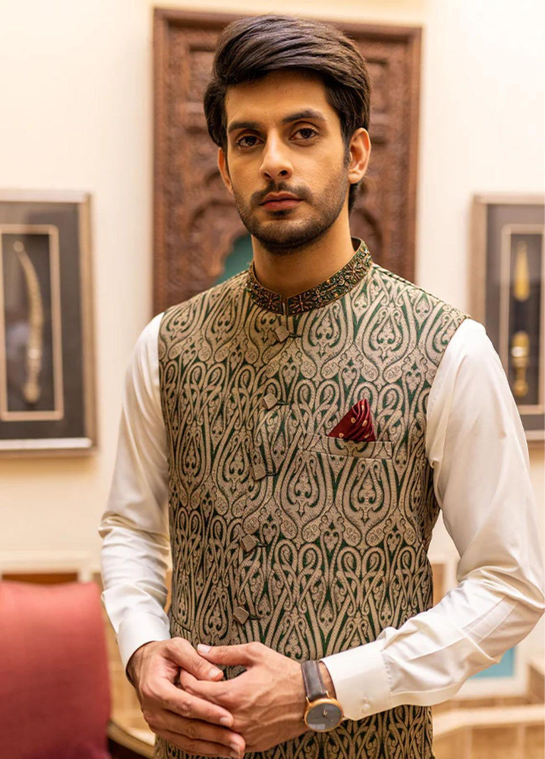 Stylish Jamawar Formal Waistcoat Suit for Men -  WS-131-000
