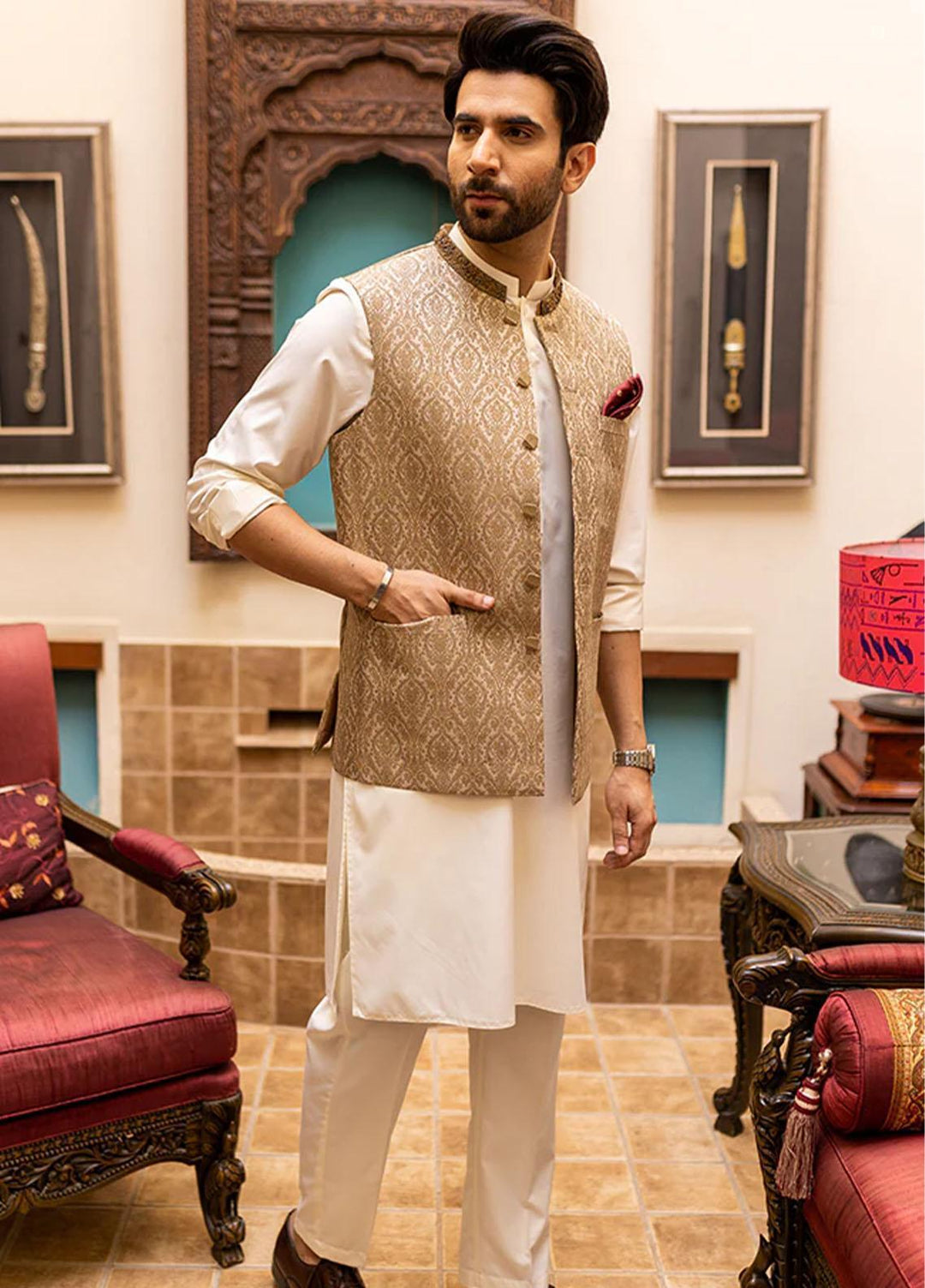 Stylish Jamawar Formal Waistcoat Suit for Men -  WS-131-333