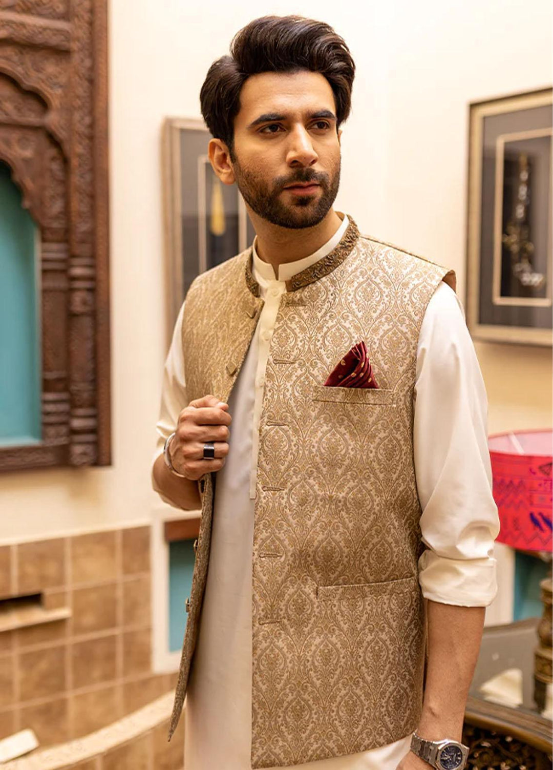 Stylish Jamawar Formal Waistcoat Suit for Men -  WS-131-333
