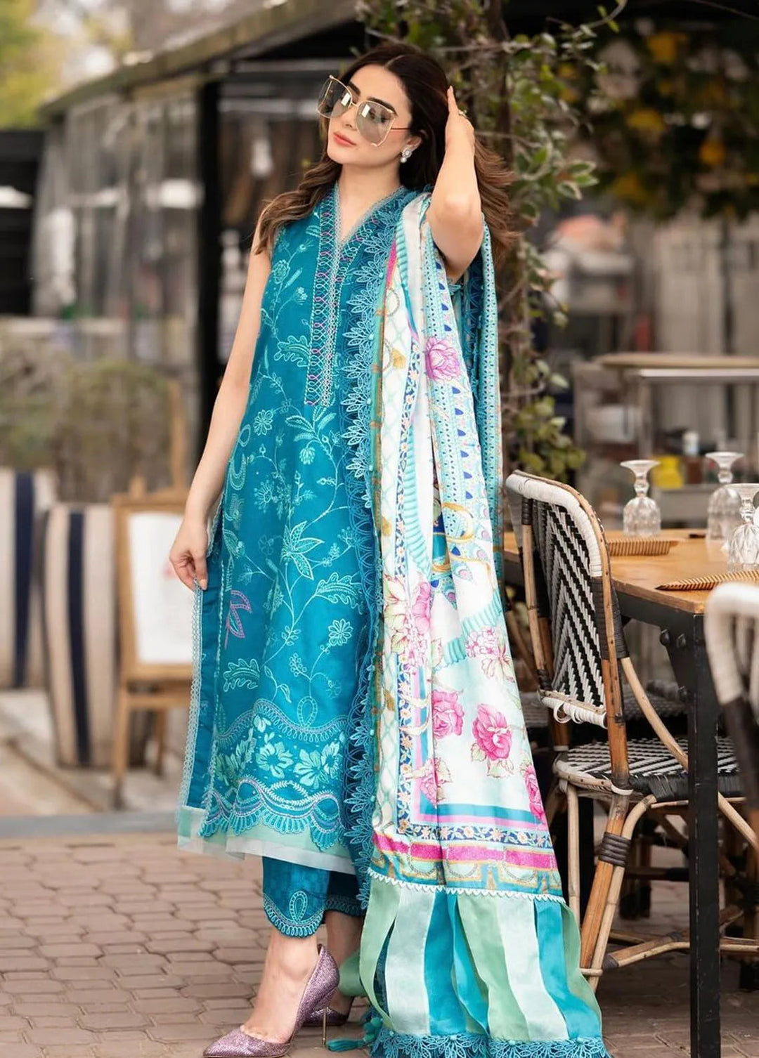 Suay by Farah Talib Embroidered Lawn Suits Unstitched 3 Piece FTA24LU FTA 03 Moana Teal - Luxury Collection
