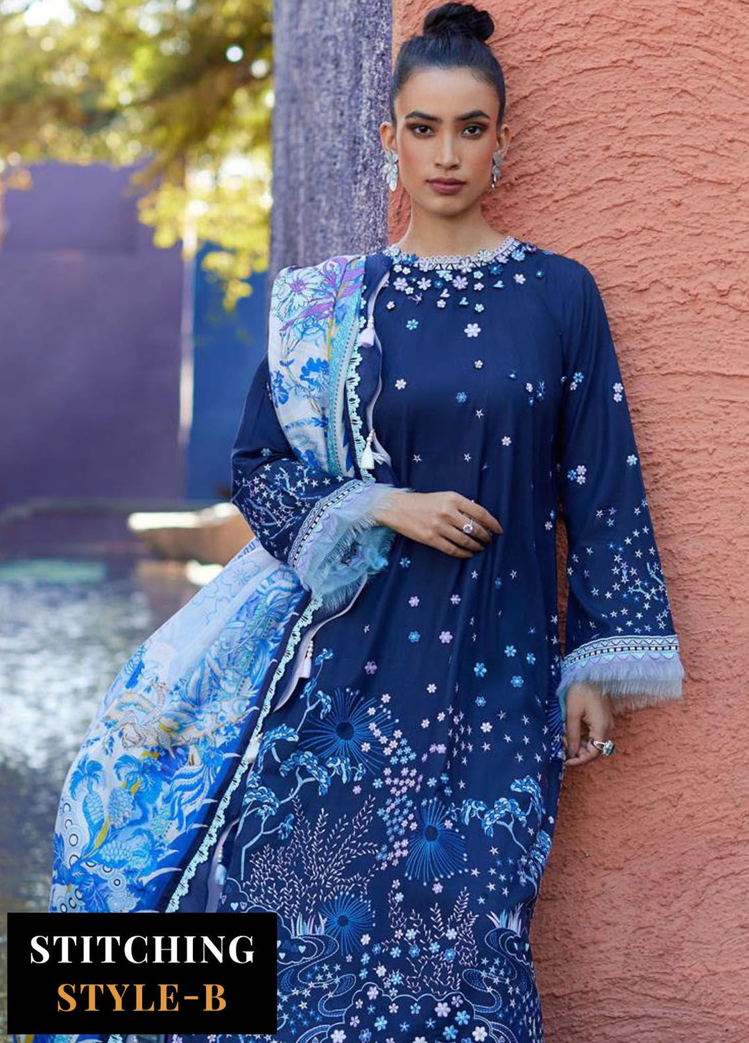 Suay by Farah Talib Embroidered Lawn Suits Unstitched 3 Piece FTA24LU FTA 04 Izea Blue - Luxury Collection