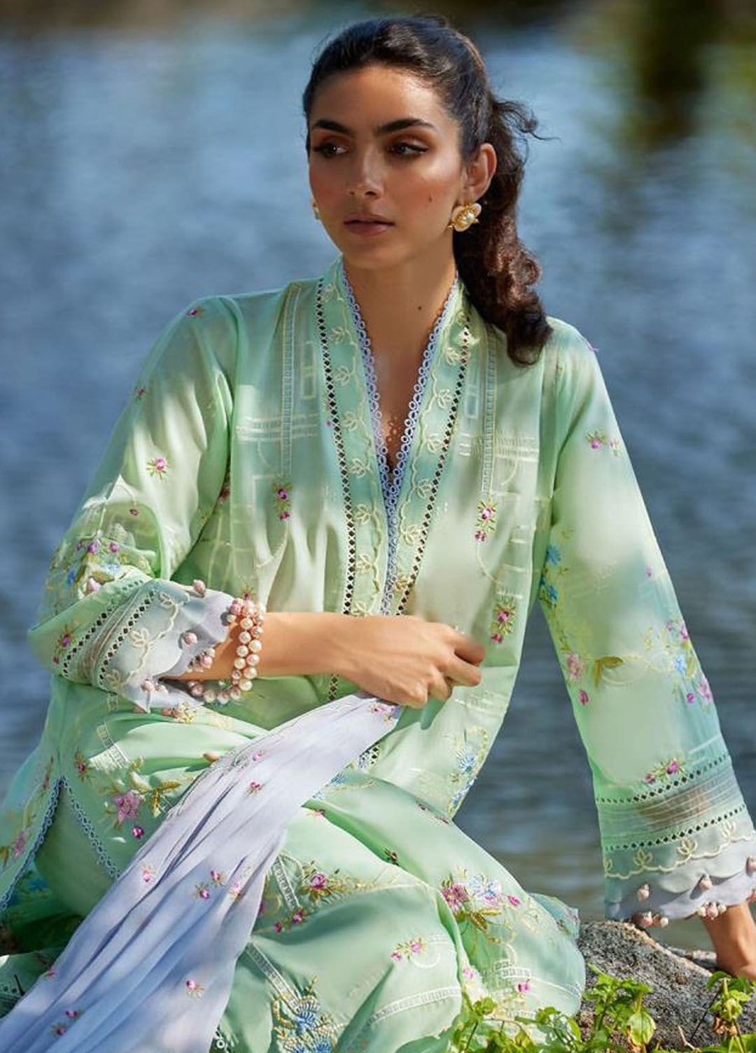 Suay by Farah Talib Embroidered Lawn Suits Unstitched 3 Piece FTA24LU FTA 11 Misora Mint Green - Luxury Collection