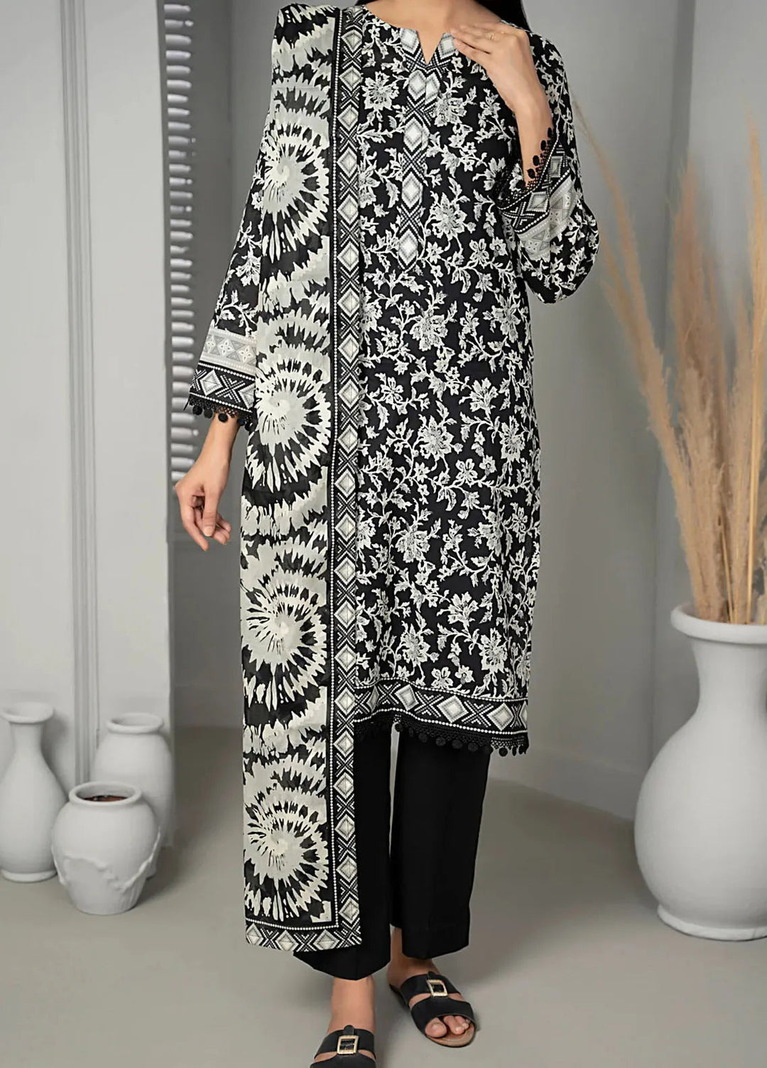 Sufinas By VS Textile Black And White Printed Lawn Suit Unstitched 3 Piece VS24S D-511 - Summer Collection