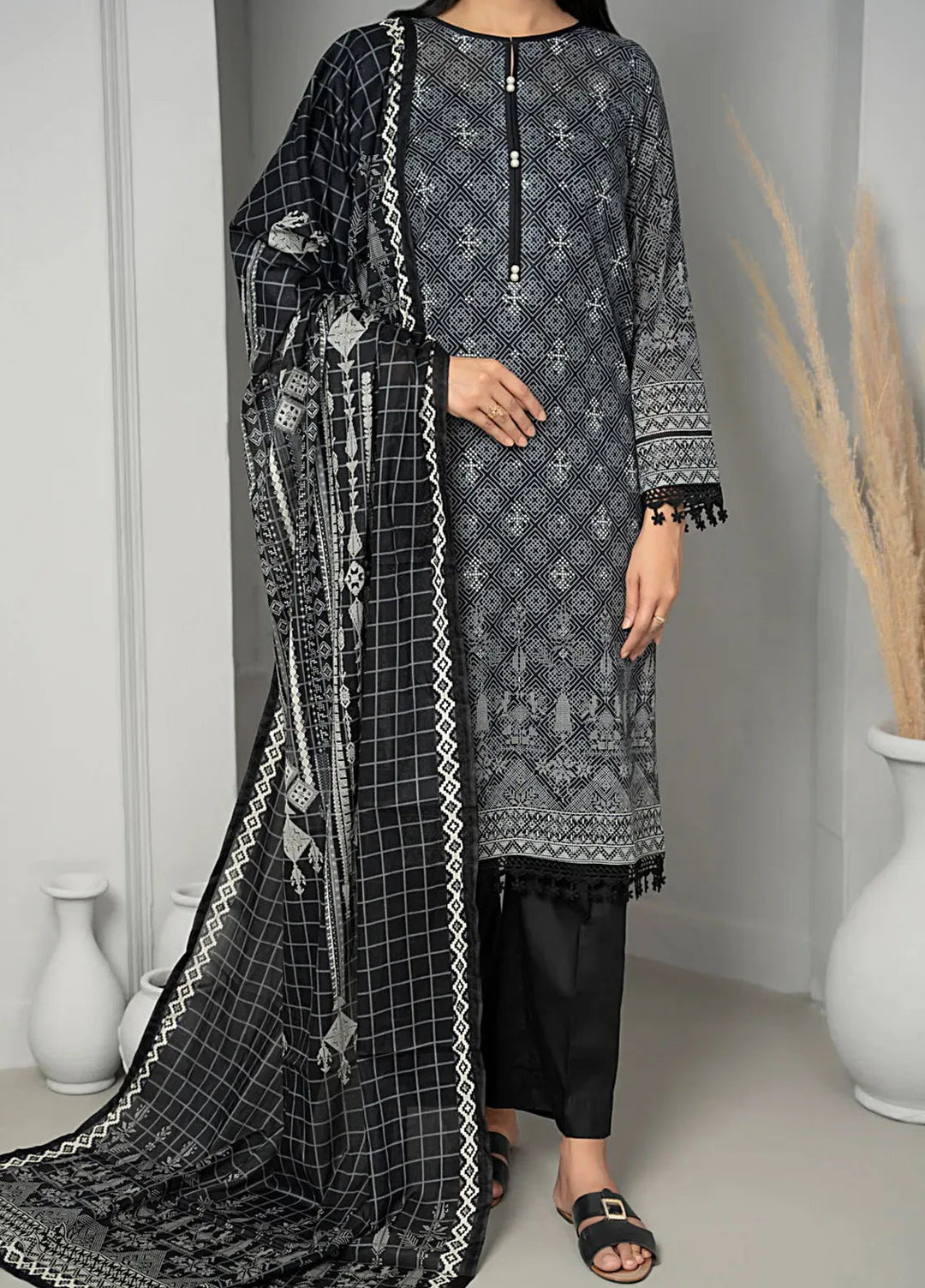 Sufinas By VS Textile Black And White Printed Lawn Suit Unstitched 3 Piece VS24S D-512 - Summer Collection