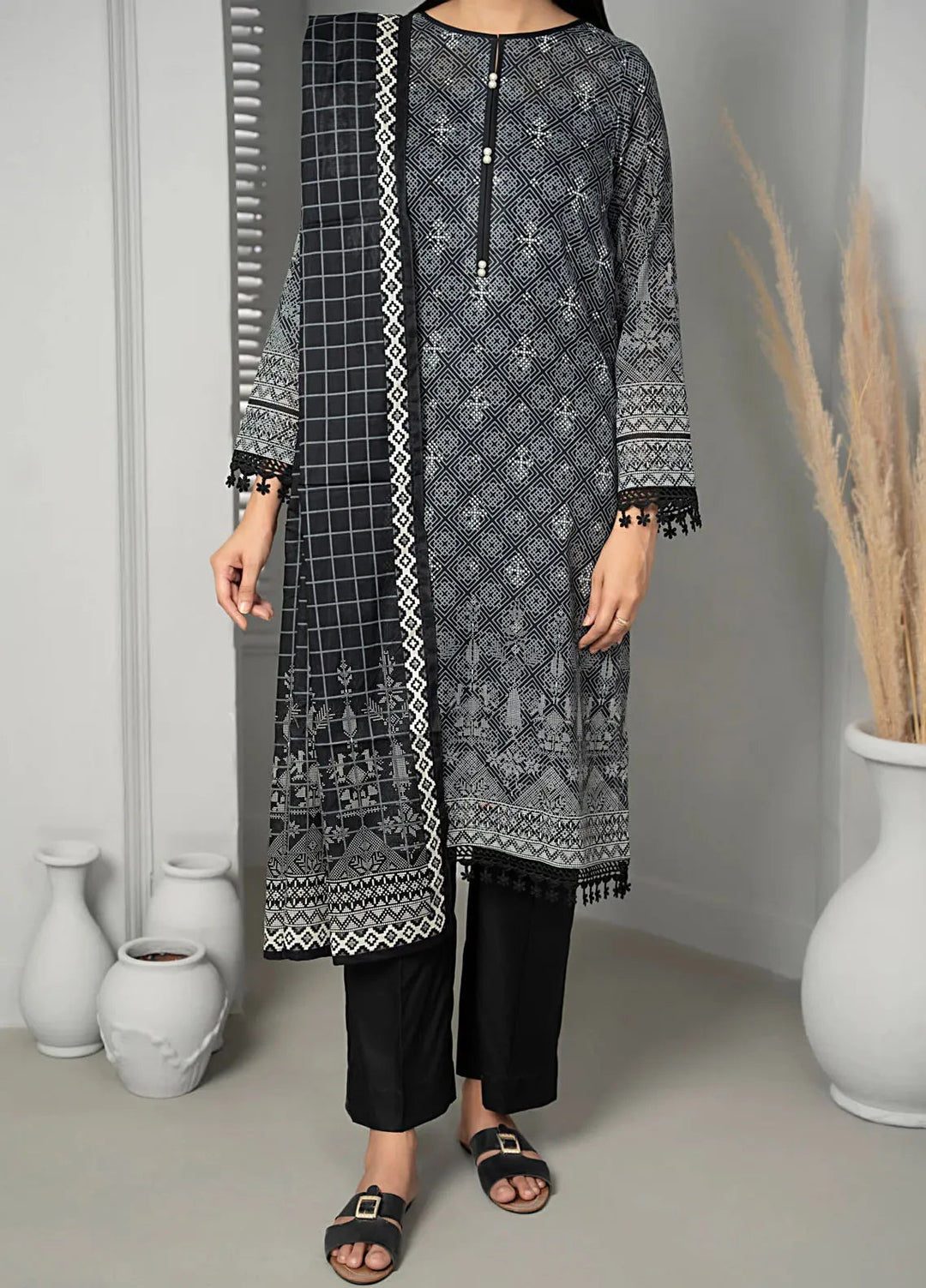 Sufinas By VS Textile Black And White Printed Lawn Suit Unstitched 3 Piece VS24S D-512 - Summer Collection