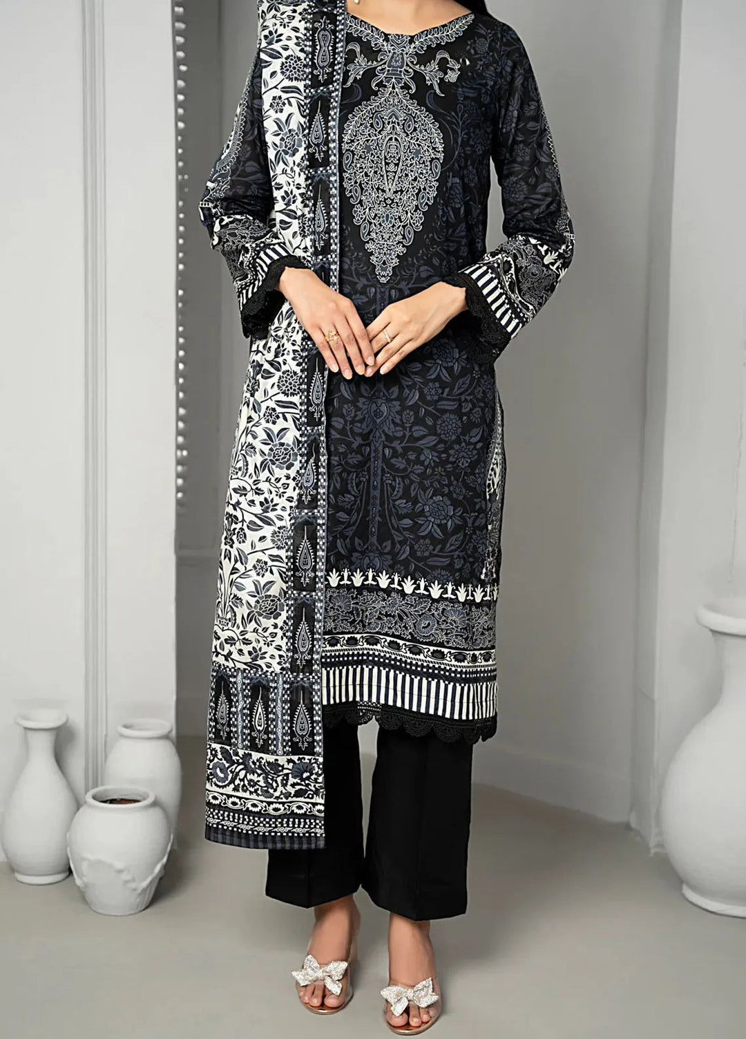 Sufinas By VS Textile Black And White Printed Lawn Suit Unstitched 3 Piece VS24S D-519 - Summer Collection