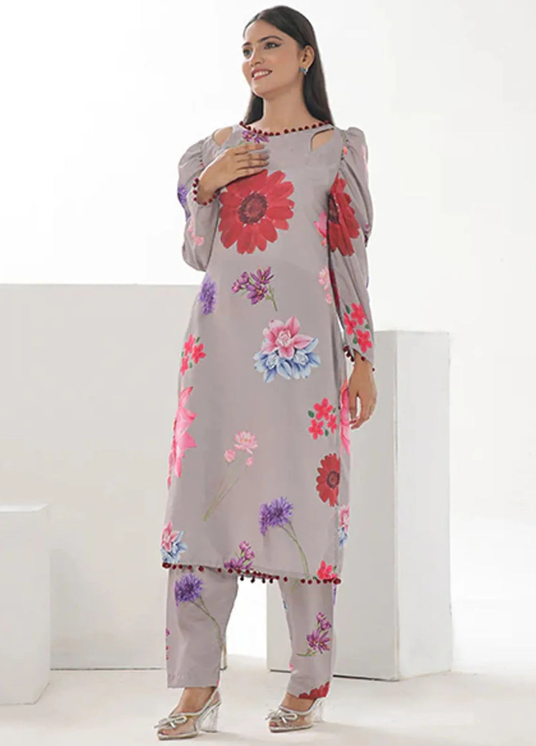 Summer Fiesta By Nazmina Pret Printed Lawn 2 Piece Suit TF-10 Grey Glint