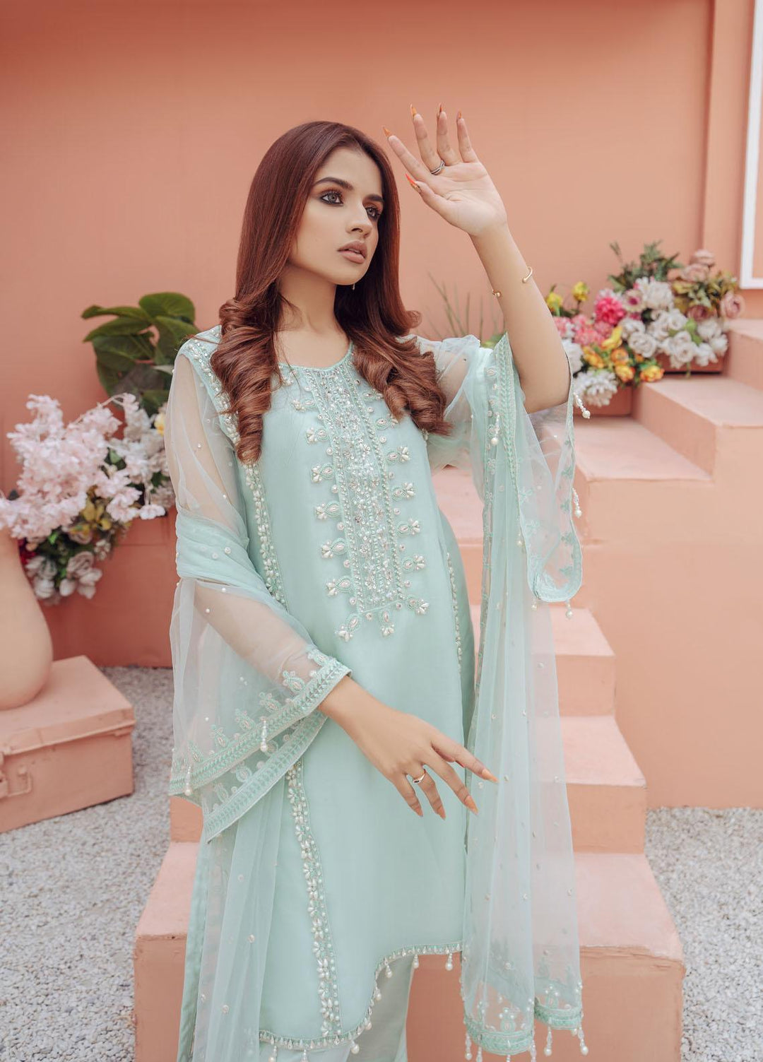 Surmai Luxury Pret  3 Organza Piece Dress SUR22EF SLP 19G PERAL GREEN