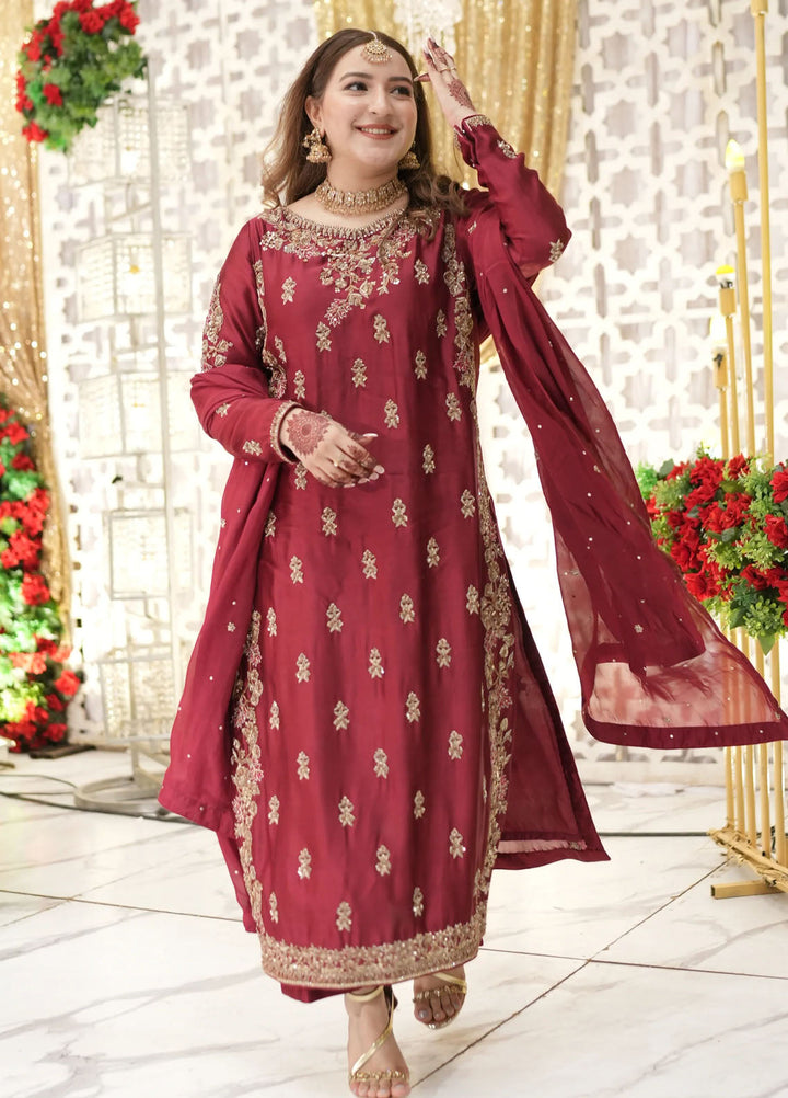 Syah Pret Embroidered Silk 3 Piece Suit Est-023 Royal Merlot