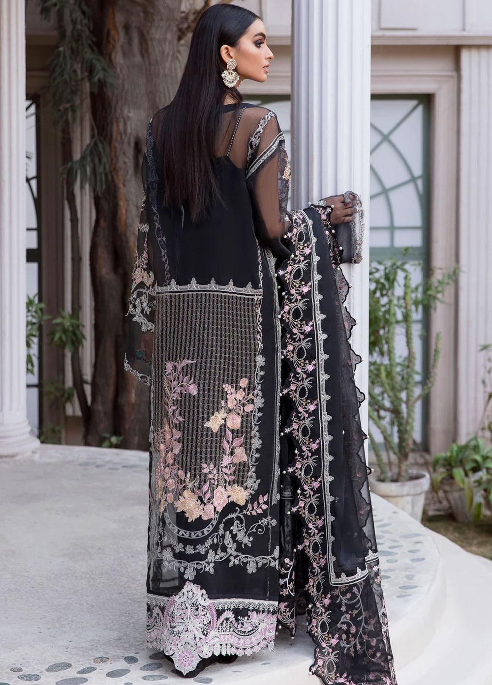 Tabassum Mughal Embroidered Organza Suits Unstitched 3 Piece TM23WD 02 Obsidian Black - Wedding Collection