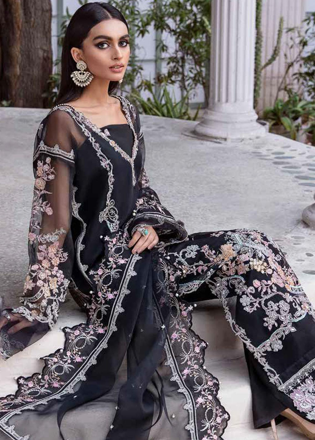Tabassum Mughal Embroidered Organza Suits Unstitched 3 Piece TM23WD 02 Obsidian Black - Wedding Collection