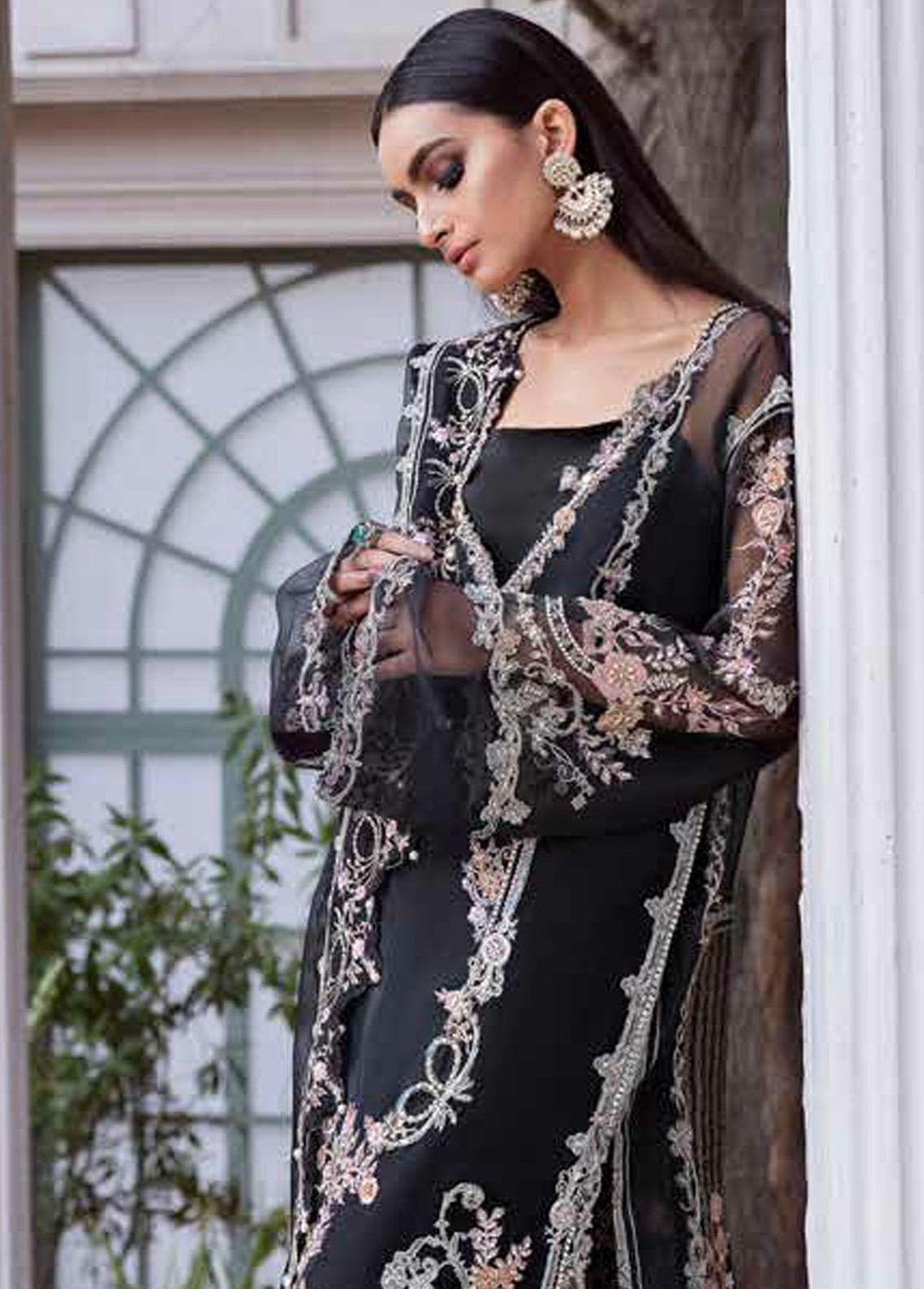 Tabassum Mughal Embroidered Organza Suits Unstitched 3 Piece TM23WD 02 Obsidian Black - Wedding Collection