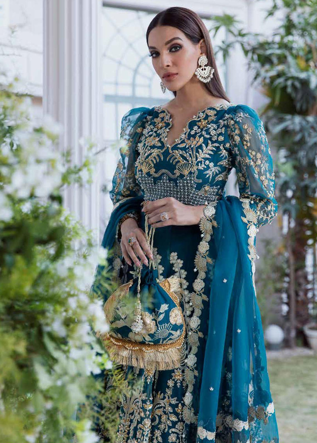 Tabassum Mughal Embroidered Organza Suits Unstitched 3 Piece TM23WD 03 Aqua Beauty - Wedding Collection