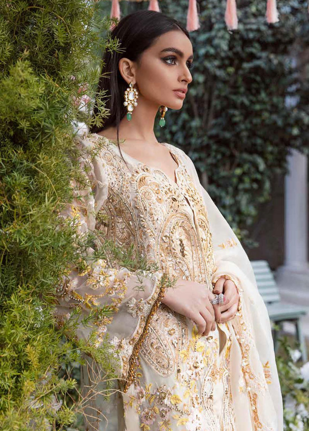 Tabassum Mughal Embroidered Organza Suits Unstitched 3 Piece TM23WD 07 Dream Beige - Wedding Collection