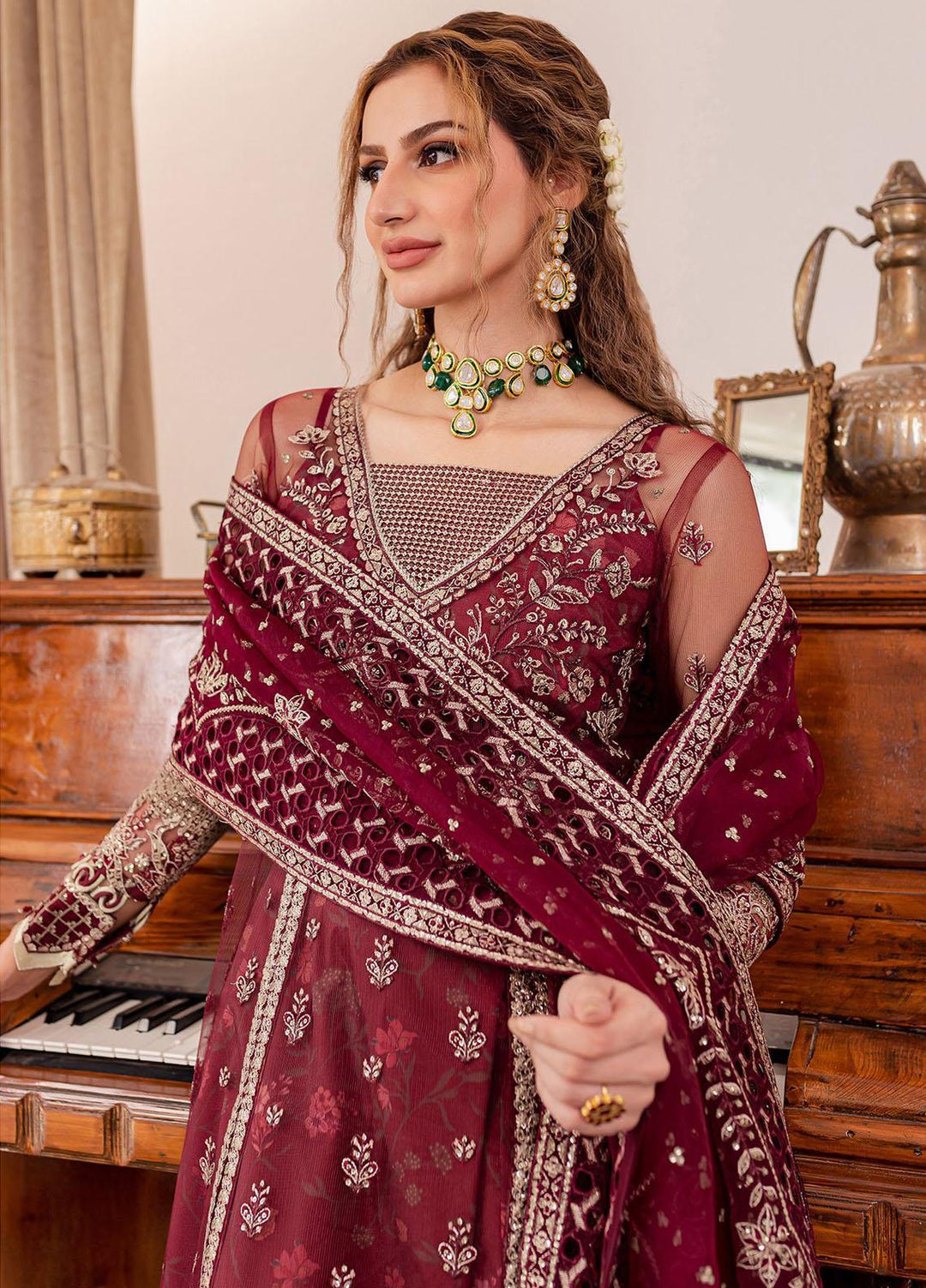 Tabeer By Farasha Embroidered Net Suits Unstitched 4 Piece FSH23TB D-01 Valentina - Wedding Collection