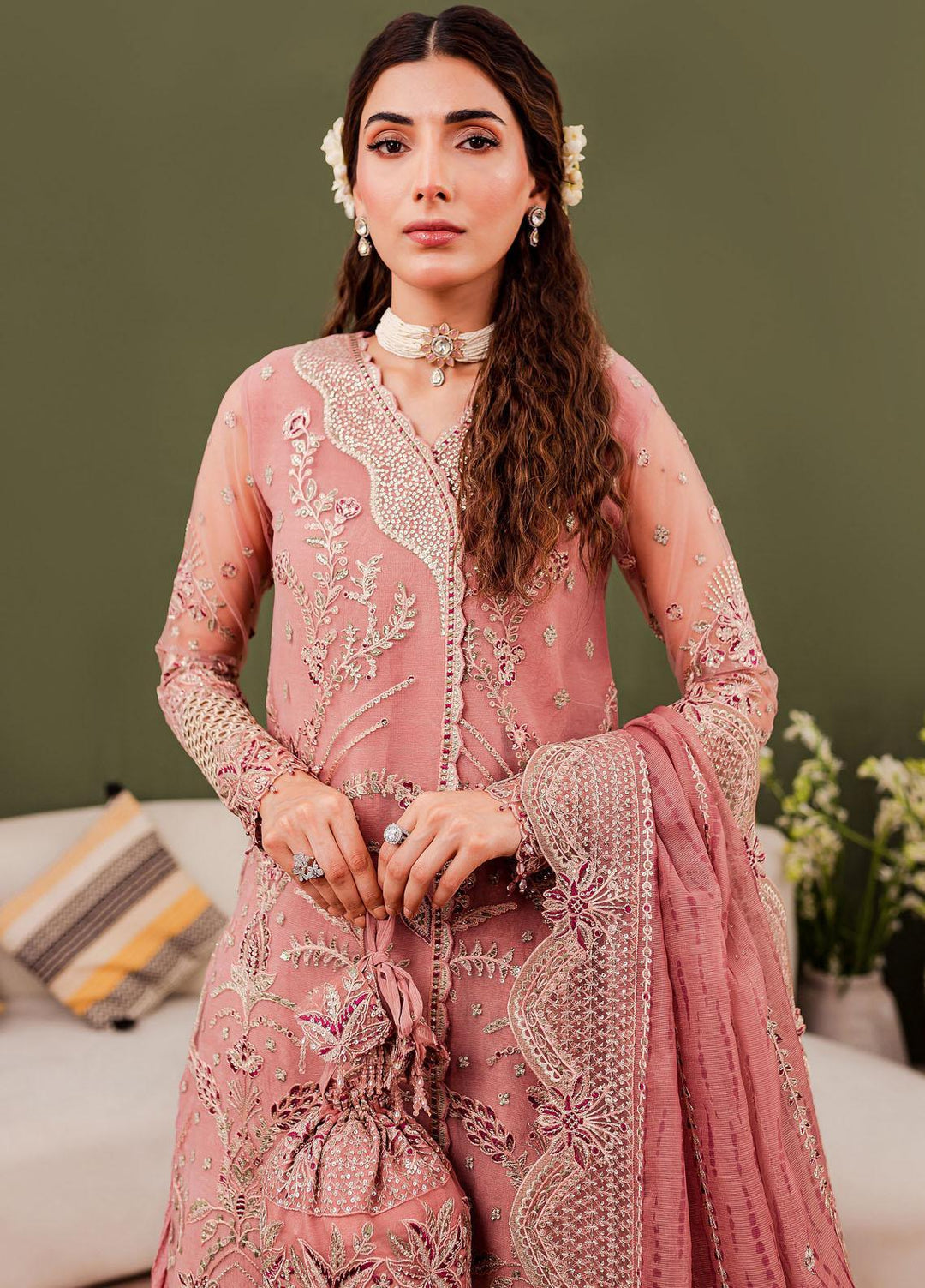 Tabeer By Farasha Embroidered Net Suits Unstitched 3 Piece FSH23TB D-07 Rosa - Wedding Collection