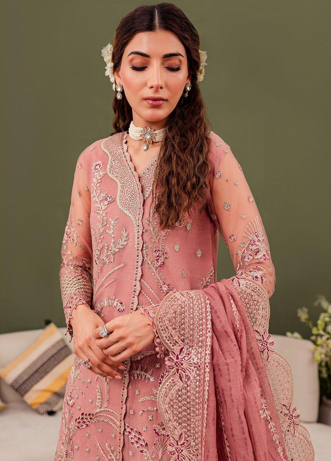 Tabeer By Farasha Embroidered Net Suits Unstitched 3 Piece FSH23TB D-07 Rosa - Wedding Collection