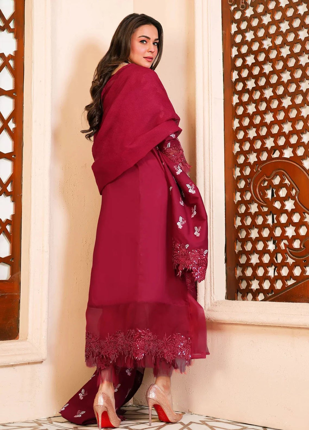 Tabeer by Mariam Malik London Pret Embroidered Lawn 3 Piece Suit Garnet Rose