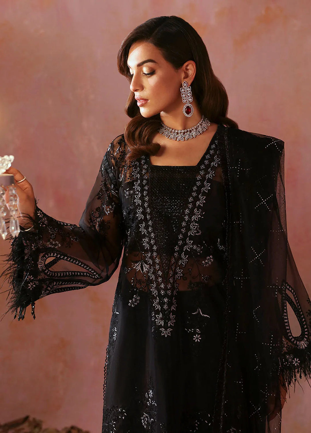 Tara By Sardinia Embroidered Organza Suits Unstitched 3 Piece SRD24T D-02 Ebony - Festive Collection