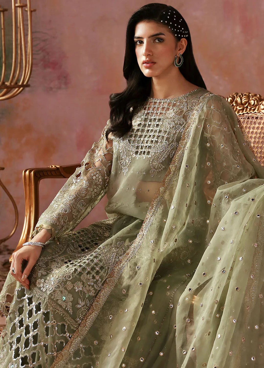 Tara By Sardinia Embroidered Organza Suits Unstitched 3 Piece SRD24T D-06 Sage - Festive Collection