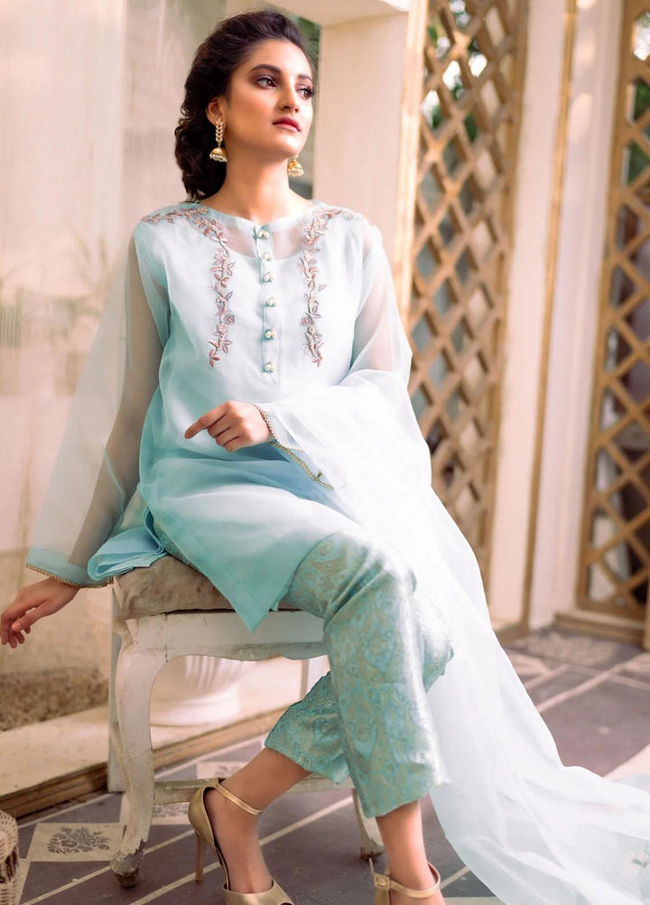 PSK Couture Pret Embroidered Tissue 4 Piece Suit BLUE MORPHO