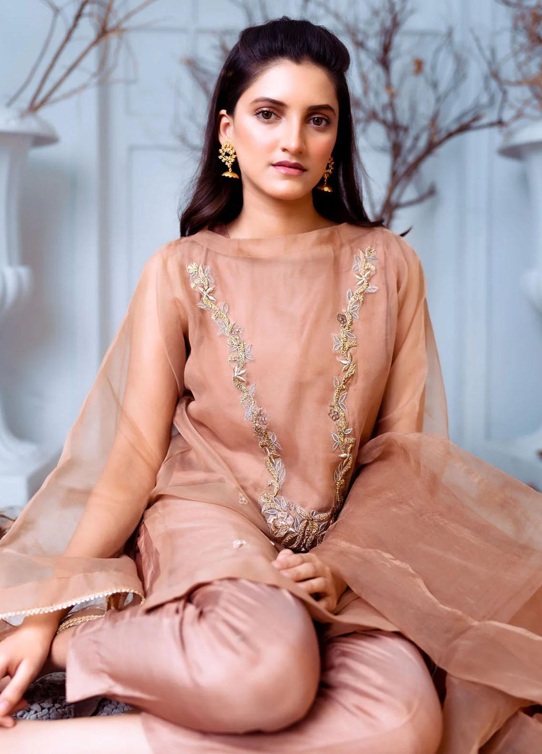 PSK Couture Pret Embroidered Tissue 4 Piece Suit HONEY COMB