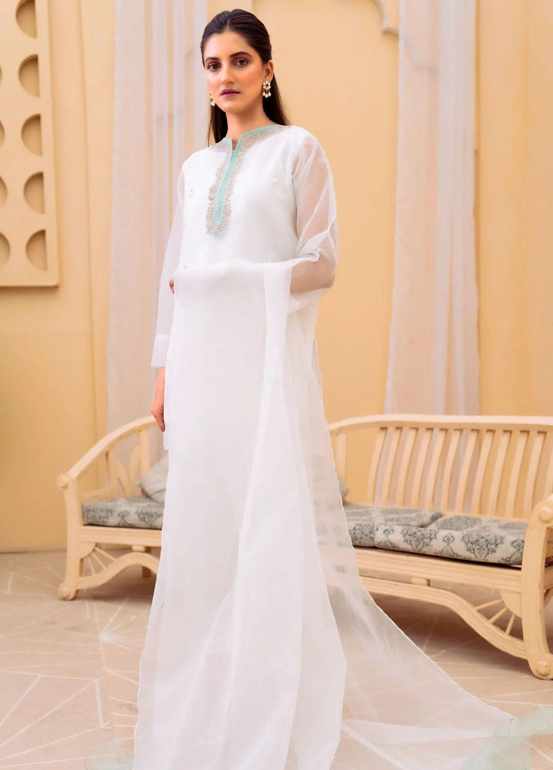 PSK Couture Pret Embroidered Tissue 4 Piece Suit WHITE LOTUS