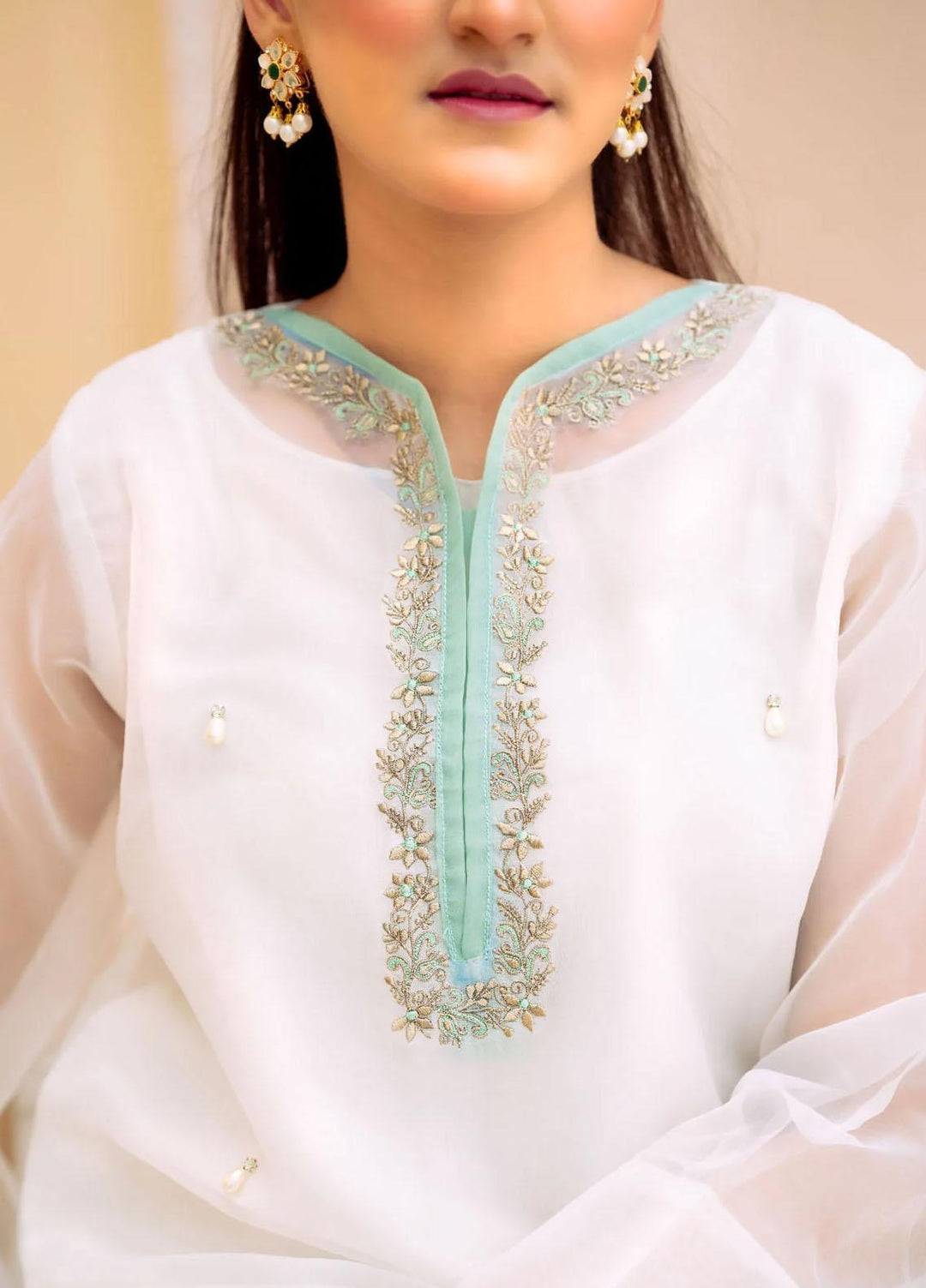 PSK Couture Pret Embroidered Tissue 4 Piece Suit WHITE LOTUS