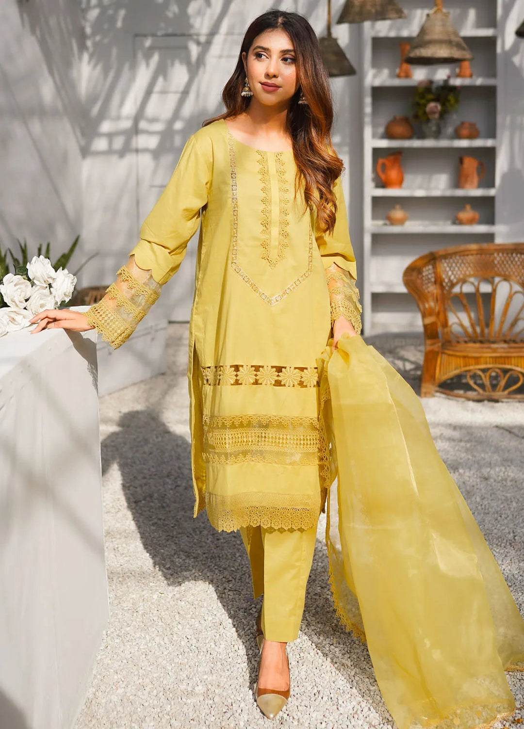 Tassawur Pret Embellished Cotton 3 Piece Suit Olive Blush