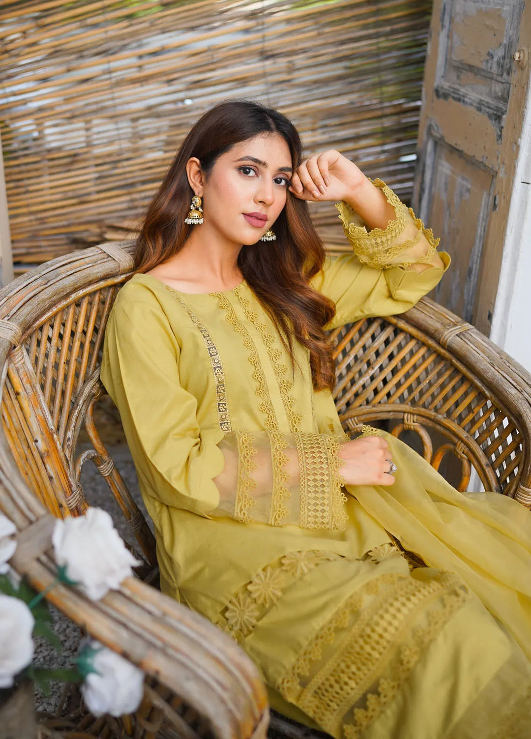 Tassawur Pret Embellished Cotton 3 Piece Suit Olive Blush