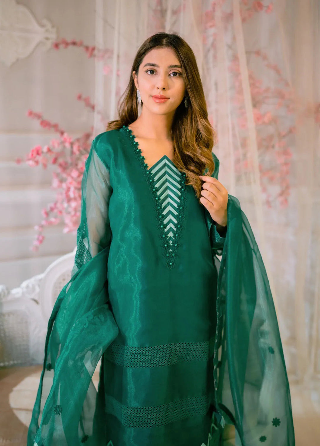 Tassawur Pret Embellished Organza Silk 3 Piece Suit Monarch Green