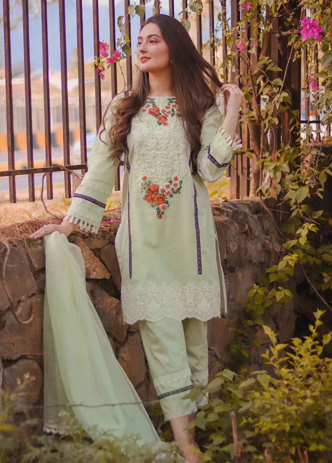 Tassawur Pret Embroidered Cotton 3 Piece Suit Pistachio White
