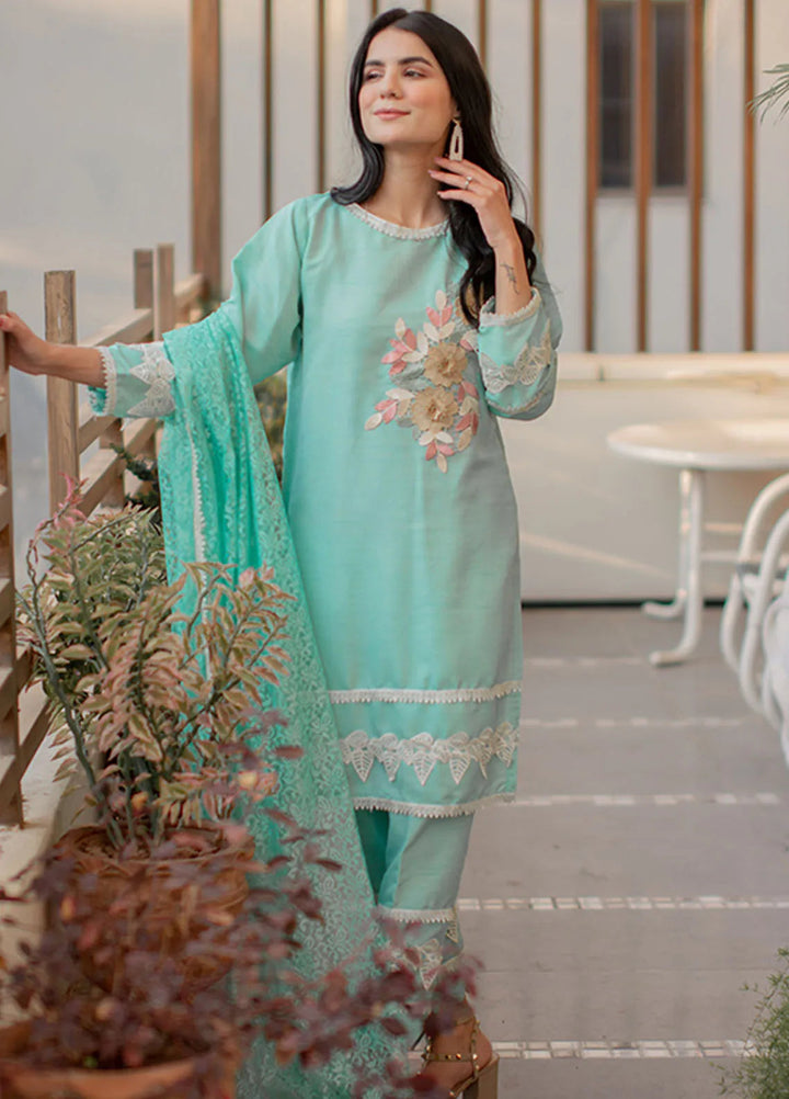 Tassawur Pret Embroidered Silk 3 Piece Suit Tiffany Blue