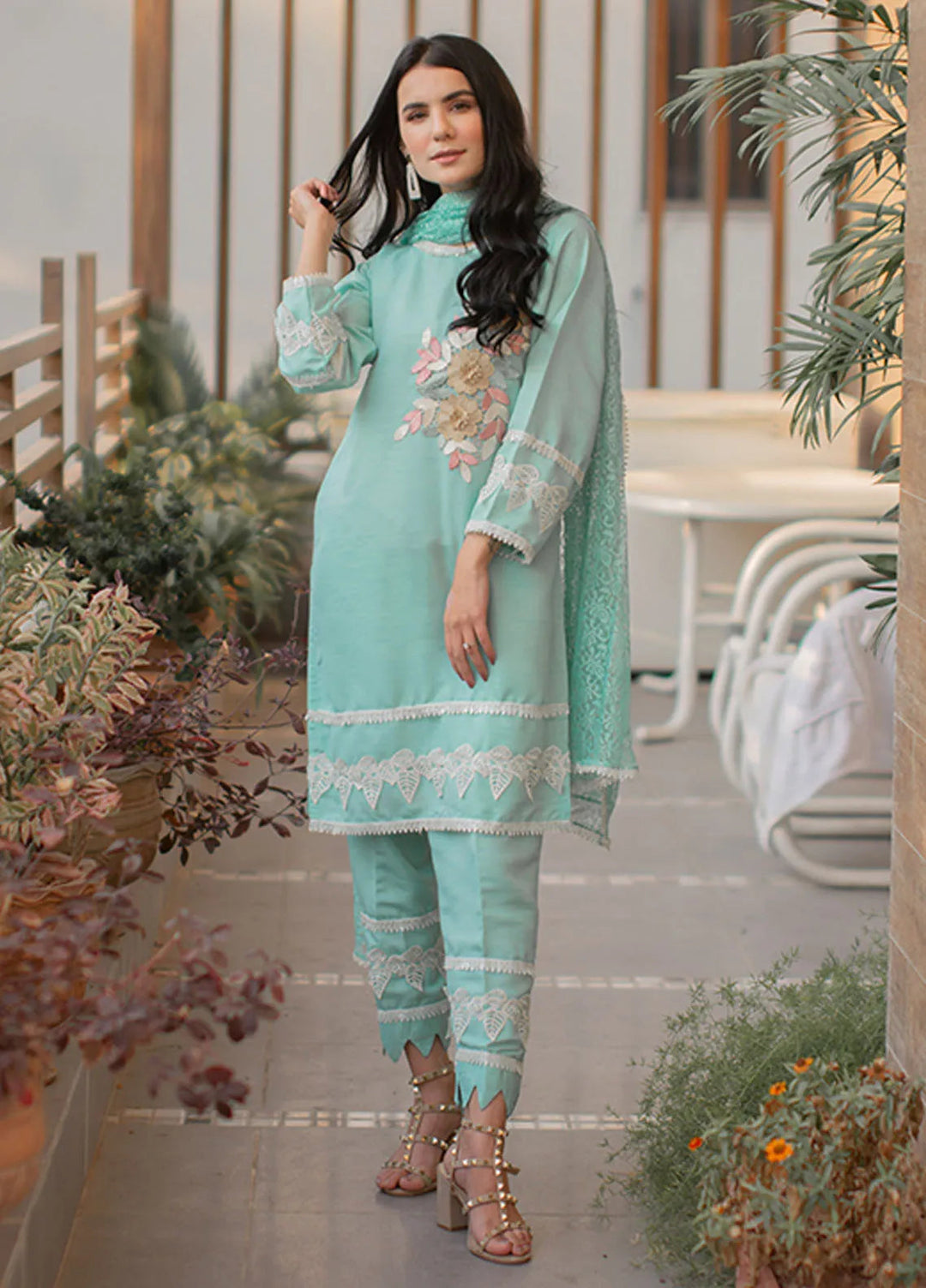 Tassawur Pret Embroidered Silk 3 Piece Suit Tiffany Blue