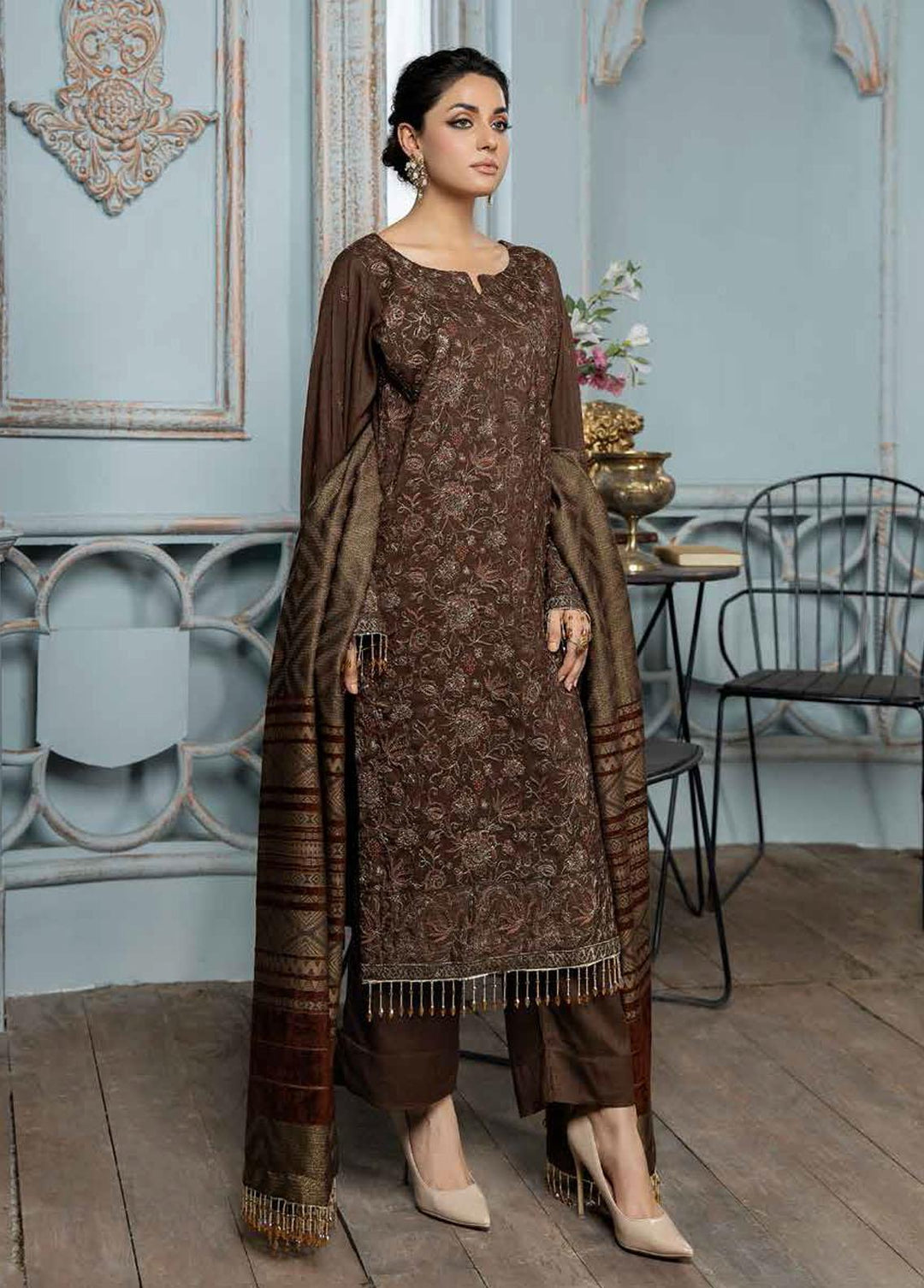 Tehzeeb By Riaz Arts Embroidered Leather Peach Suits Unstitched 3 Piece RA22TP TL-37 - Winter Collection