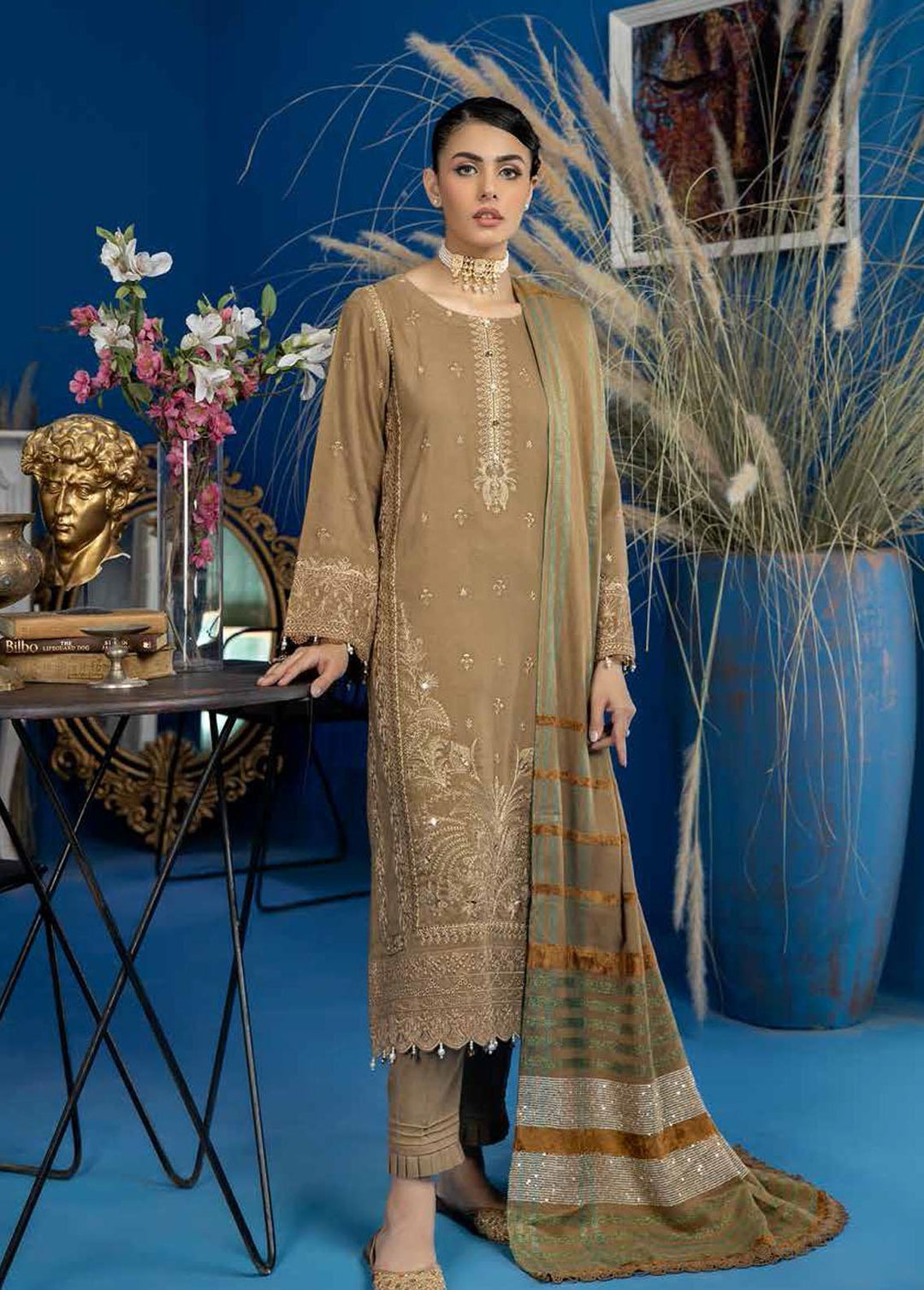 Tehzeeb By Riaz Arts Embroidered Leather Peach Suits Unstitched 3 Piece RA22LP TL-21 - Winter Collection