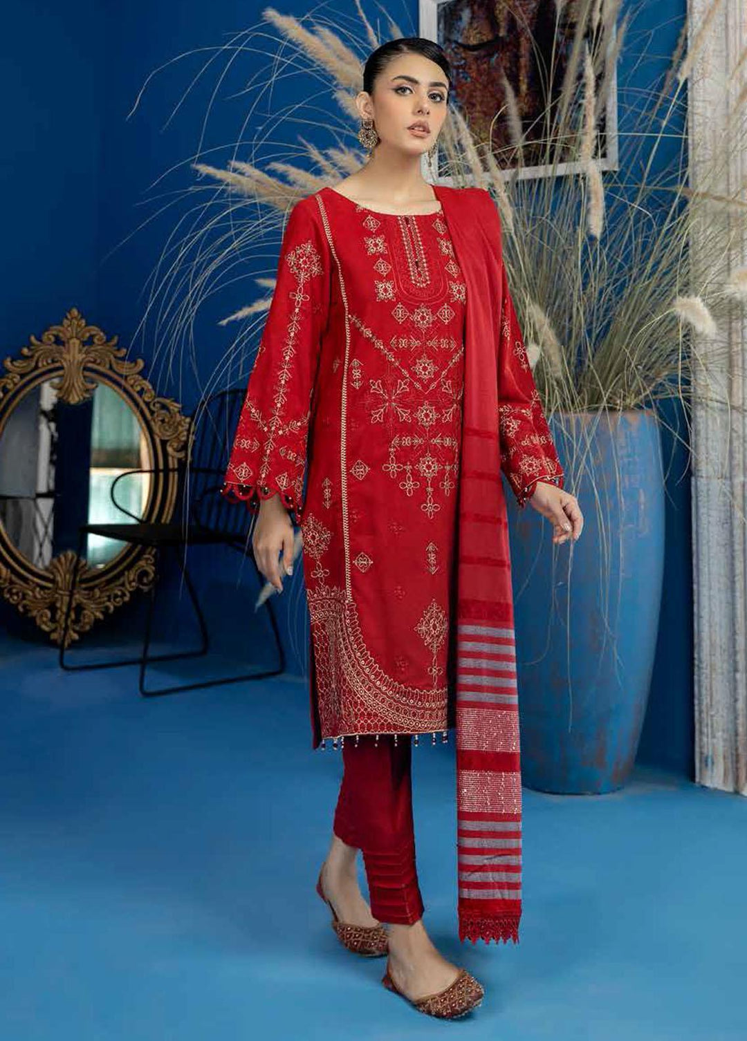 Tehzeeb By Riaz Arts Embroidered Leather Peach Suits Unstitched 3 Piece RA22LP TL-26 - Winter Collection