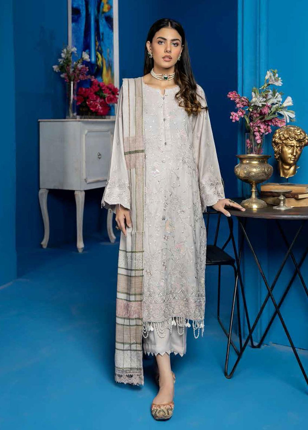 Tehzeeb By Riaz Arts Embroidered Leather Peach Suits Unstitched 3 Piece RA22LP TL-29 - Winter Collection