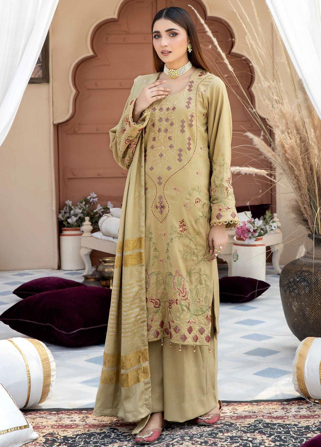 Tehzeeb By Riaz Arts Embroidered Leather Peach Suits Unstitched 3 Piece RA22TL4 TL-52 - Winter Collection