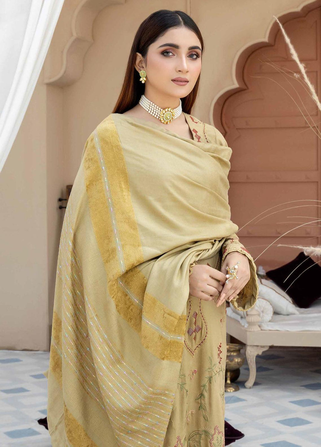 Tehzeeb By Riaz Arts Embroidered Leather Peach Suits Unstitched 3 Piece RA22TL4 TL-52 - Winter Collection