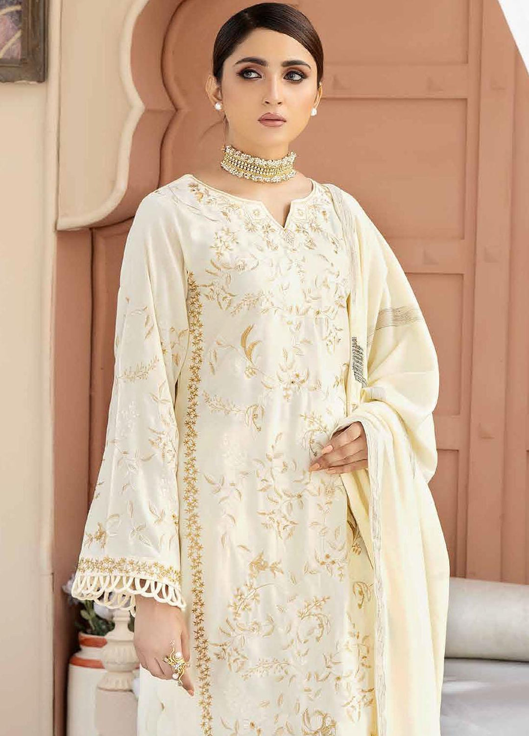 Tehzeeb By Riaz Arts Embroidered Leather Peach Suits Unstitched 3 Piece RA22TL4 TL-57 - Winter Collection