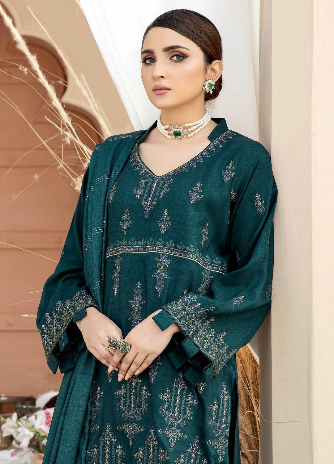 Tehzeeb By Riaz Arts Embroidered Leather Peach Suits Unstitched 3 Piece RA22TL4 TL-58 - Winter Collection