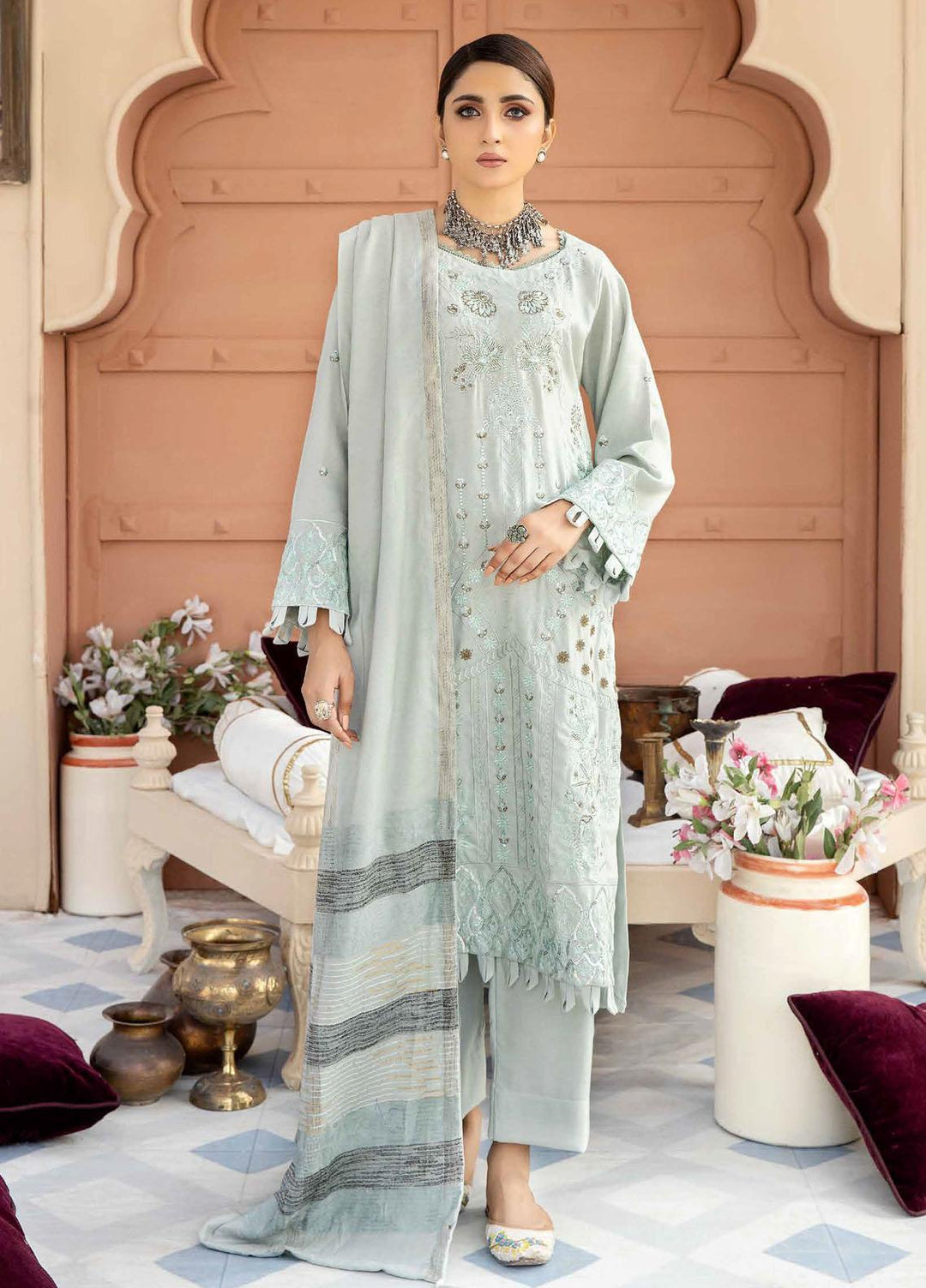 Tehzeeb By Riaz Arts Embroidered Leather Peach Suits Unstitched 3 Piece RA22TL4 TL-59 - Winter Collection