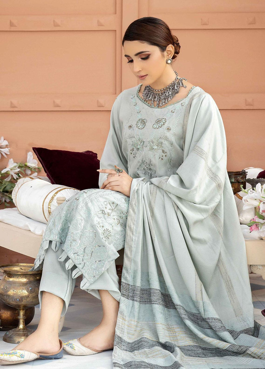 Tehzeeb By Riaz Arts Embroidered Leather Peach Suits Unstitched 3 Piece RA22TL4 TL-59 - Winter Collection