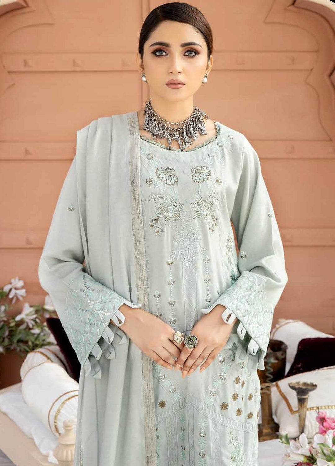 Tehzeeb By Riaz Arts Embroidered Leather Peach Suits Unstitched 3 Piece RA22TL4 TL-59 - Winter Collection