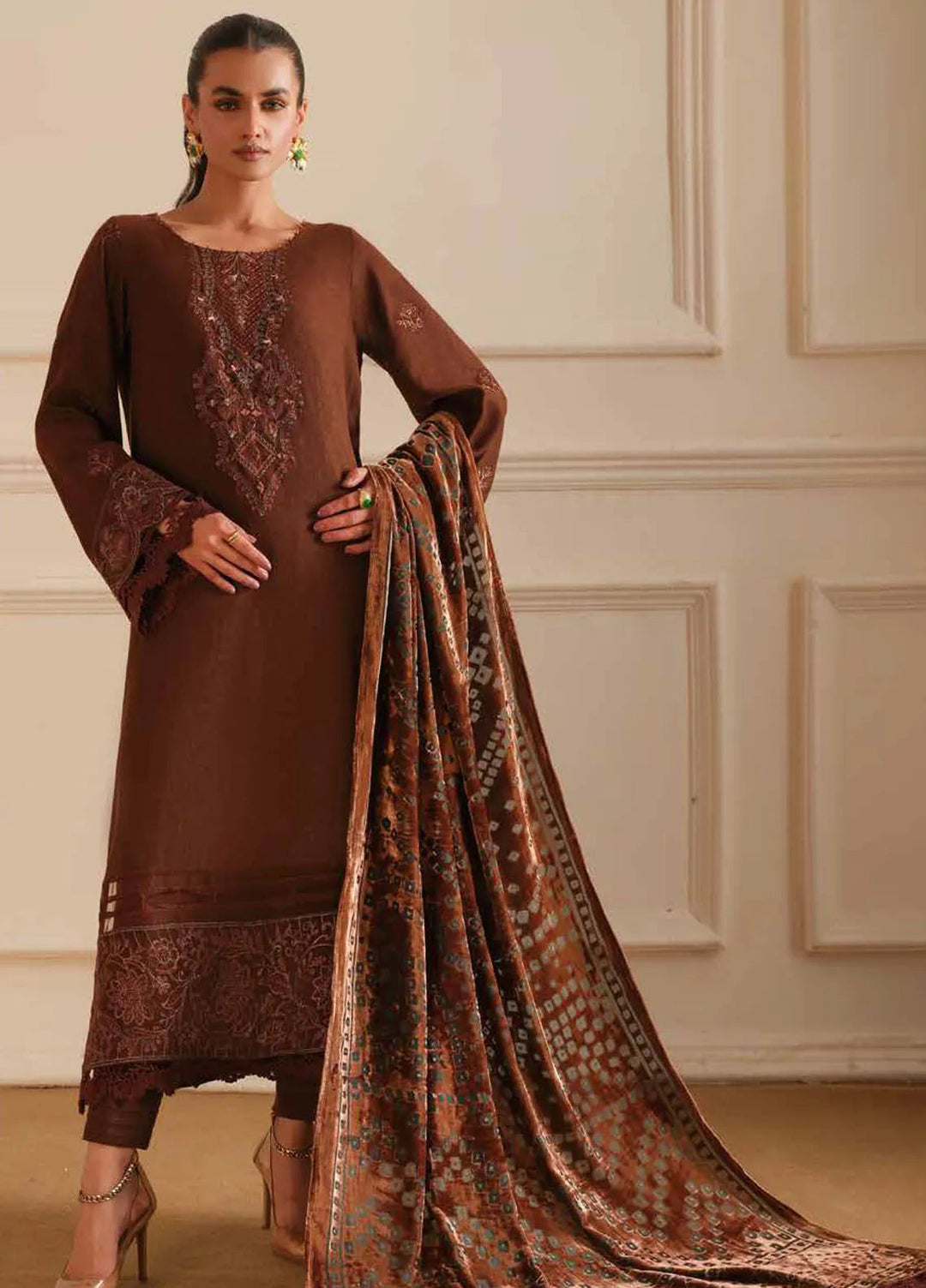 Tehzeeb By Riaz Arts Embroidered Leather Peach Suit Unstitched 3 Piece RA24TE TL-306 - Winter Collection