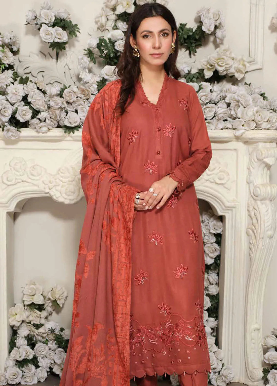 Tehzeeb by Riaz Arts Embroidered Leather Peach Suit Unstitched 3 Piece RA24TLW TL-302 - Winter Collection