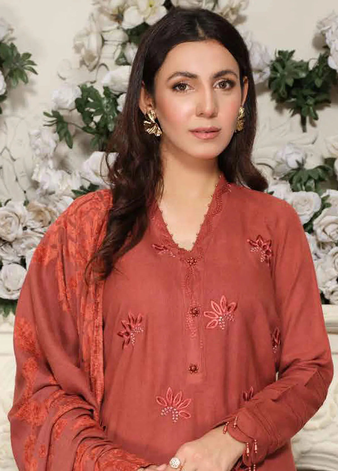 Tehzeeb by Riaz Arts Embroidered Leather Peach Suit Unstitched 3 Piece RA24TLW TL-302 - Winter Collection