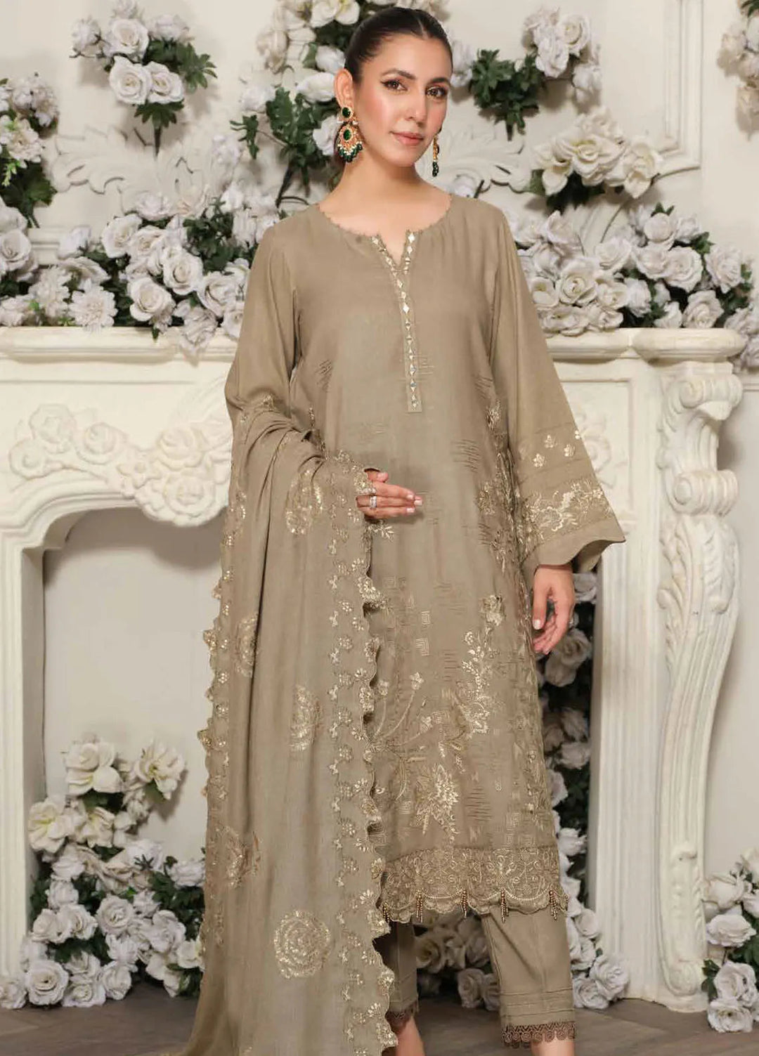 Tehzeeb by Riaz Arts Embroidered Leather Peach Suit Unstitched 3 Piece RA24TLW TL-303 - Winter Collection