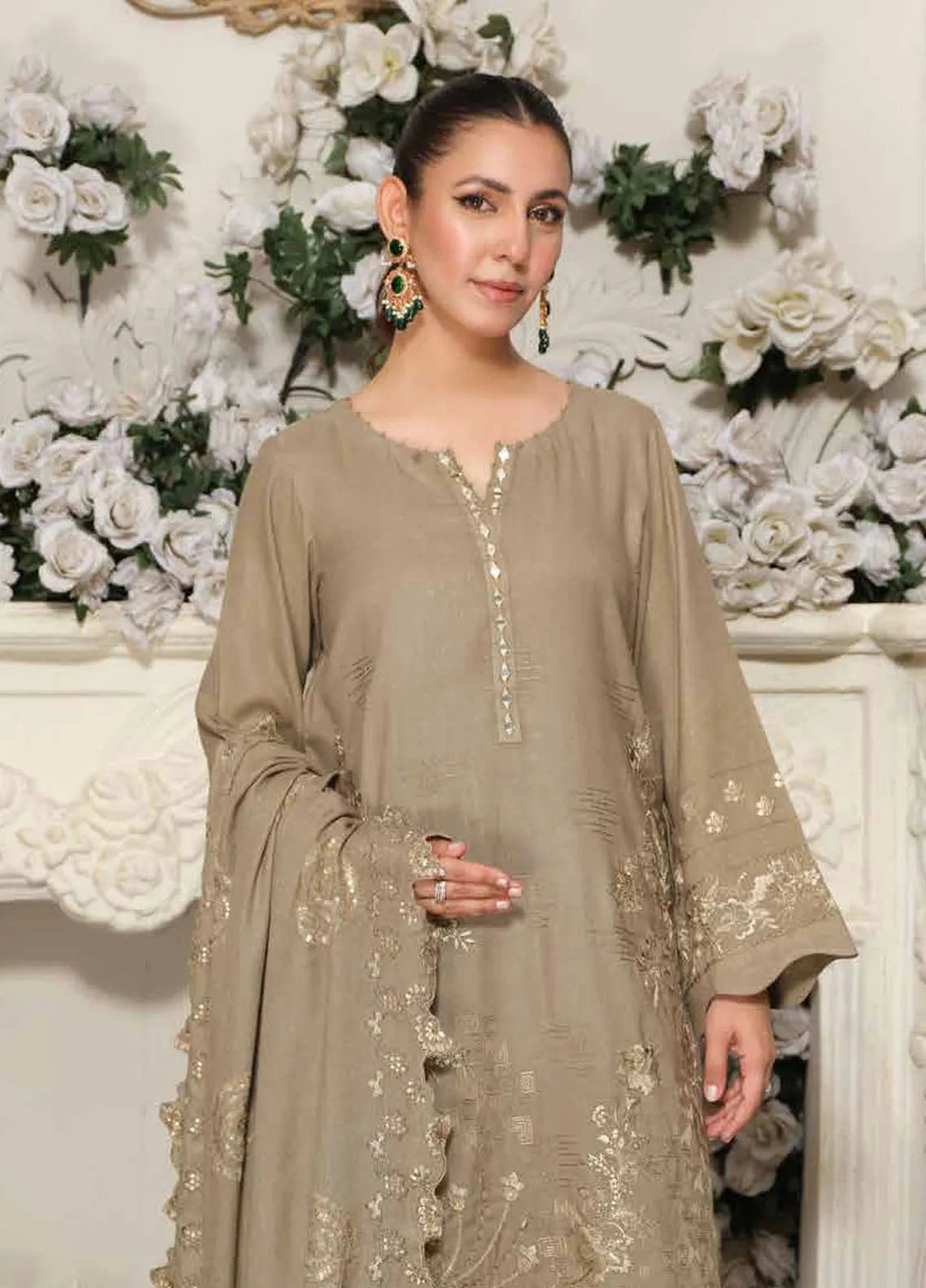 Tehzeeb by Riaz Arts Embroidered Leather Peach Suit Unstitched 3 Piece RA24TLW TL-303 - Winter Collection